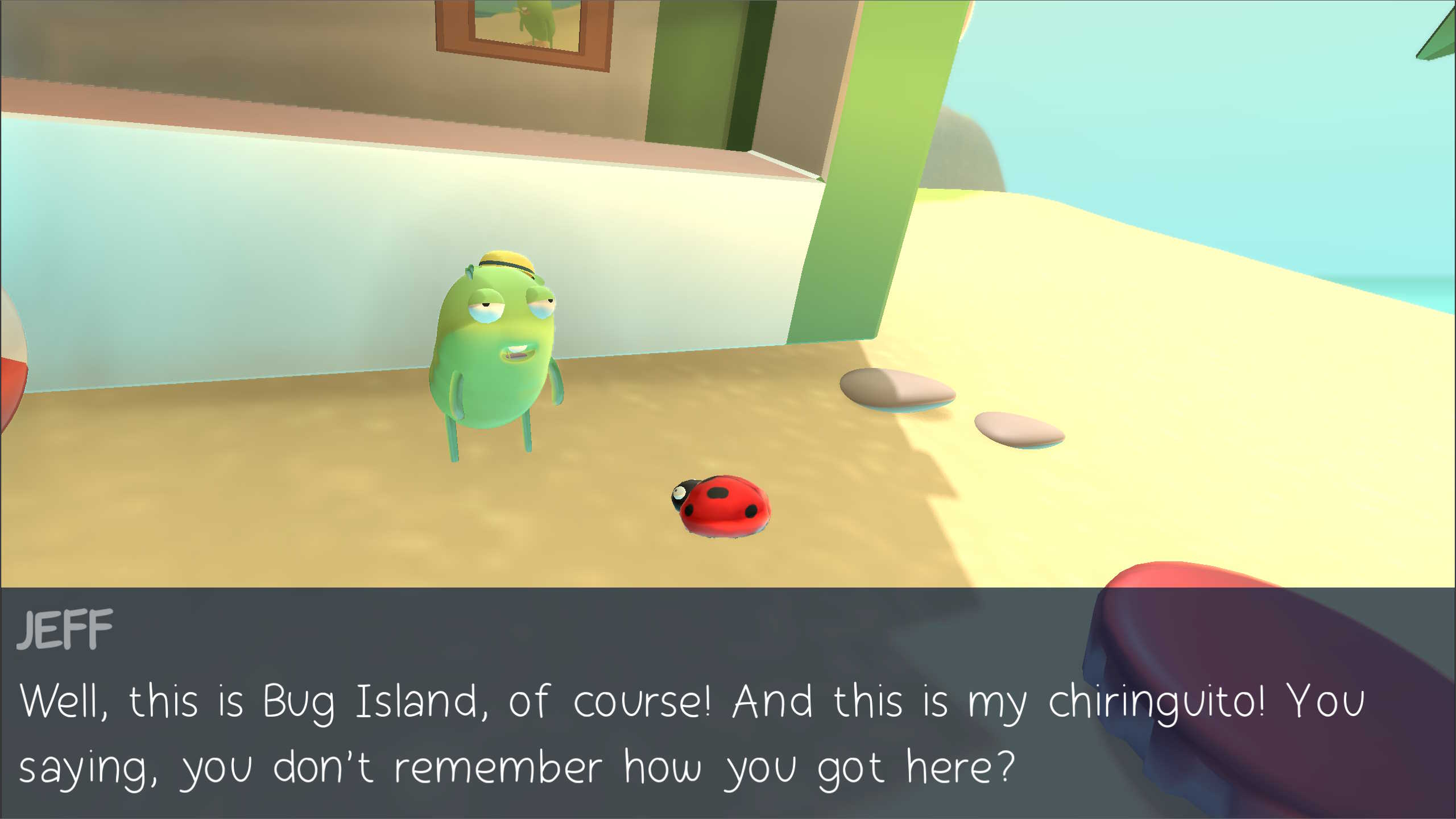 Bug Fiesta screenshot, showing Keta, the main ladybug character in front of Jeff the aphid. Jeff is welcoming Keta to Bug Island and asking her if she remembers how did she arrived there.